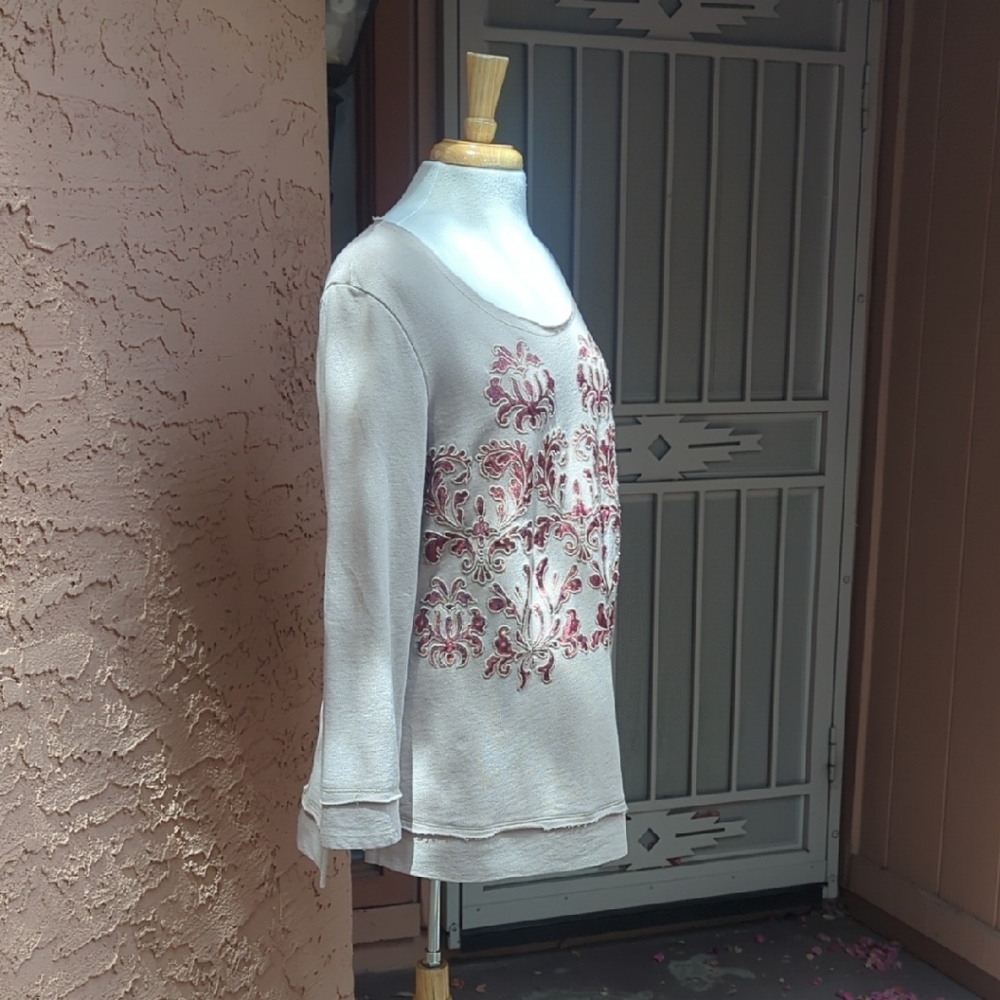 Chico's Beige Sweatshirt with Pink Embroidered Front - Picture 3 of 4